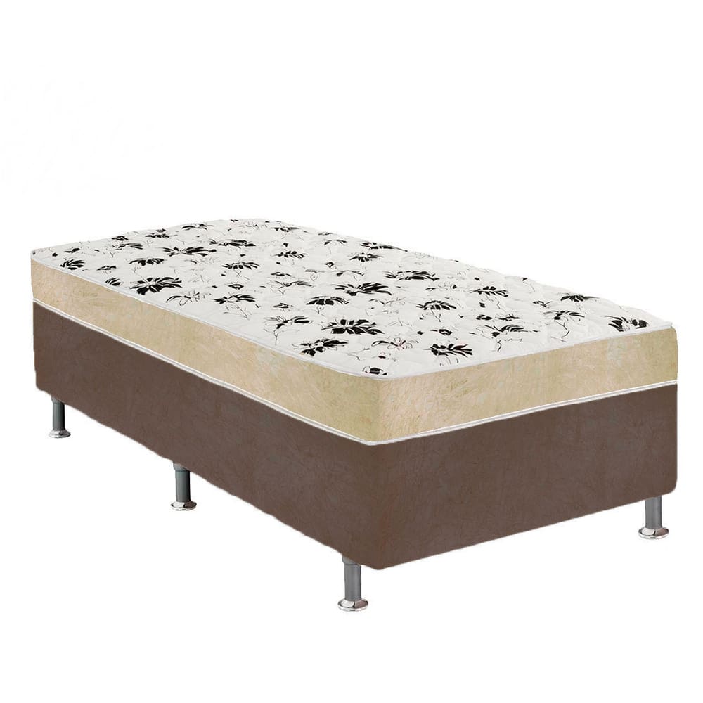 Cama Box Solteiro Suede Marrom + Colchão Solteiro Suede Bege Orto Molas Bonnel 88x188x55
