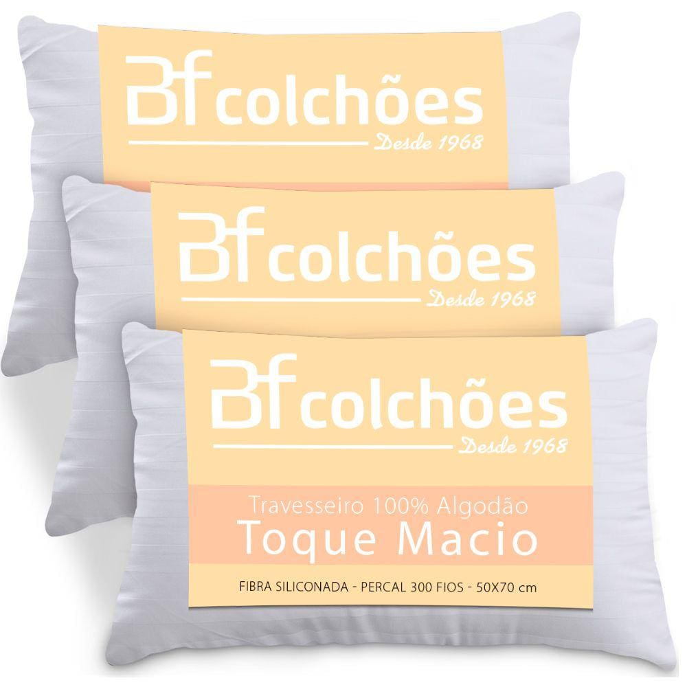 Kit 3 Travesseiros 100% Algodão Antialérgico Percal 300 Fios Extramacio 50x70cm - BF Colchões