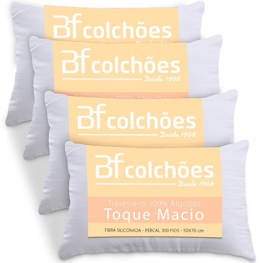 Kit 4 Travesseiros 100% Algodão Antialérgico Percal 300 Fios Extramacio 50x70cm - BF Colchões