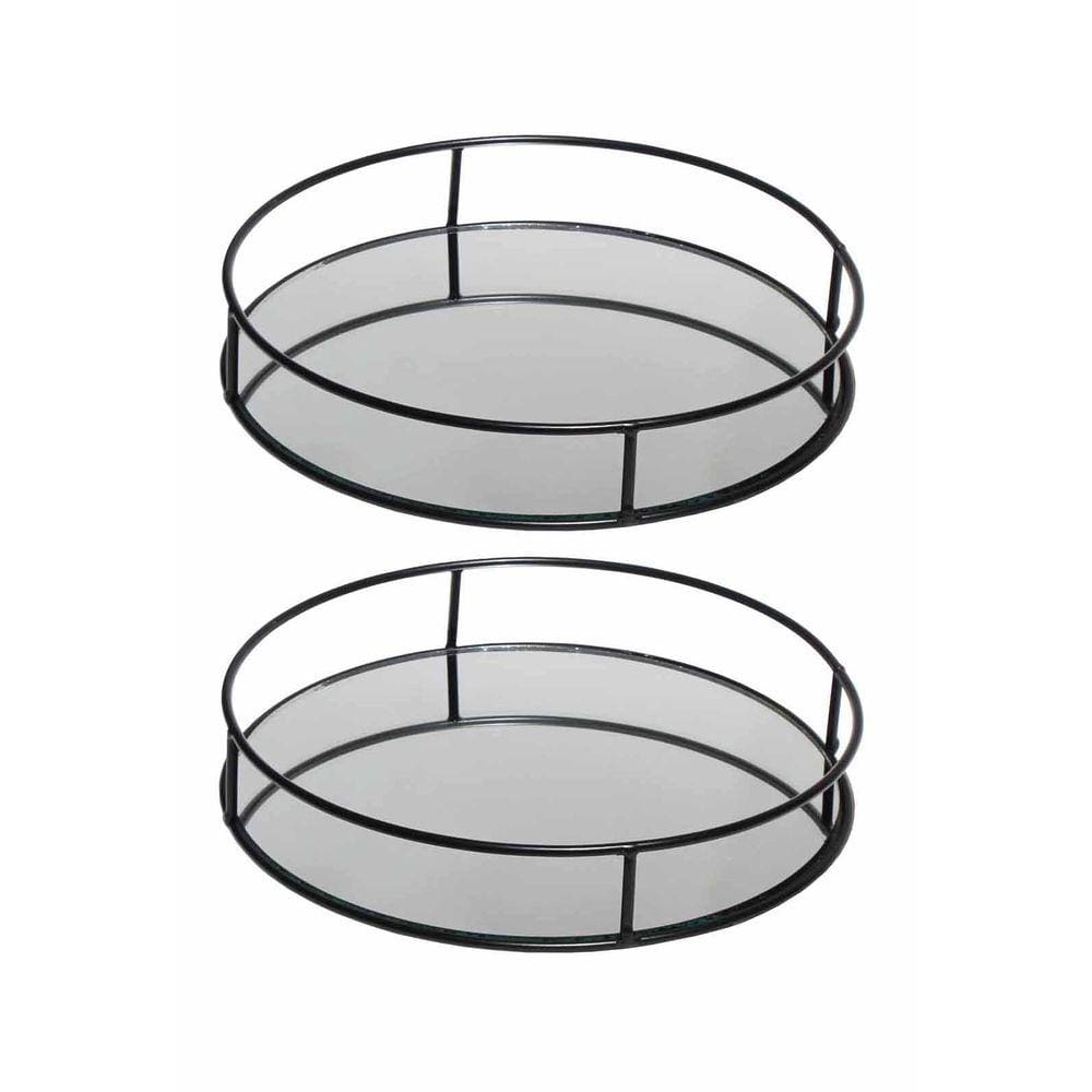 Kit 2 Bandeja Metal Espelho Redonda Lavabo Banheiro Preto