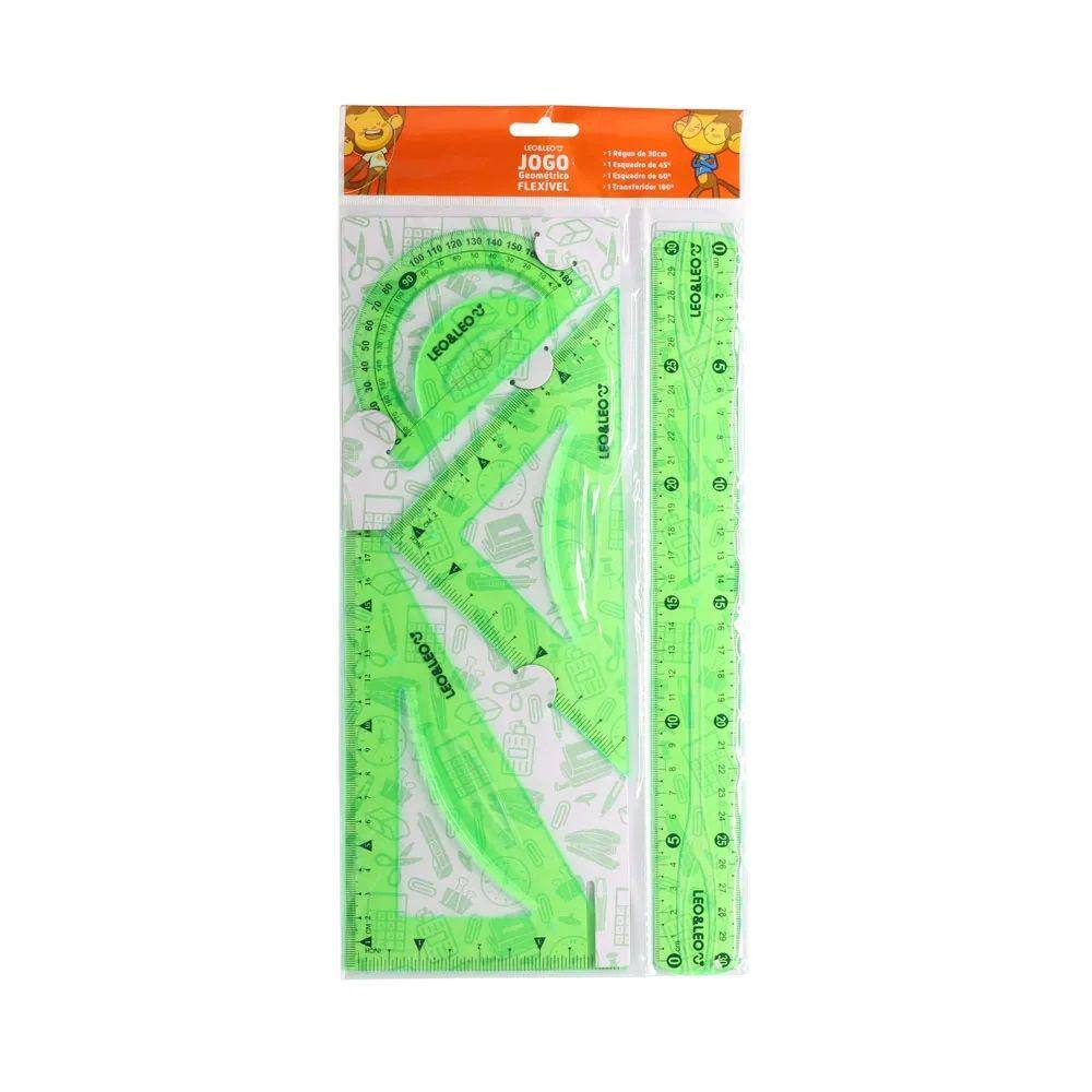 Kit Geométrico De Réguas Flexível C/ 4 Pçs Escolar Leo e Leo
