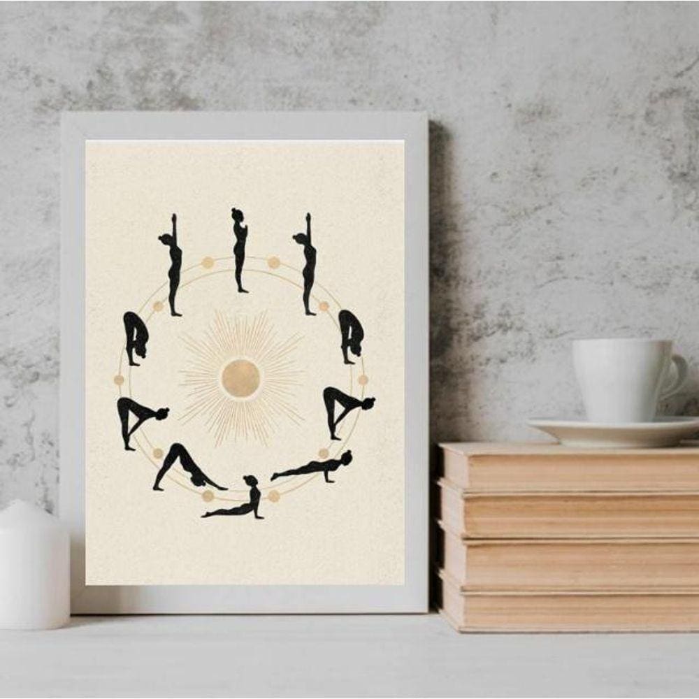 Quadro Yoga Posições 45x34cm com Vidro - Madeira Branca