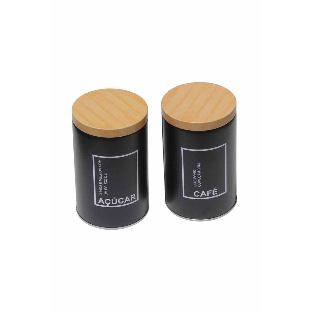 Kit 2 Pote Lata Porta Mantimentos Café Açúcar Preto 14,5cm