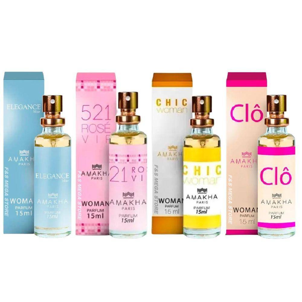 Kit 4 Perfumes 15ml - Elegance, 521 Vip, Chic - Amakha