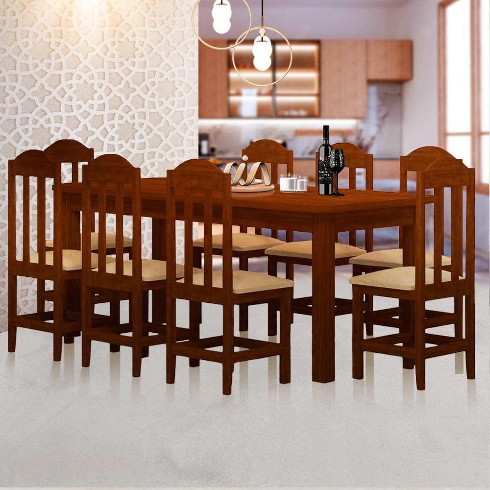 Conjunto Mesa De Jantar Madeira Maciça Safira Com 8 Lugares Estofados Castanho Shop JM
