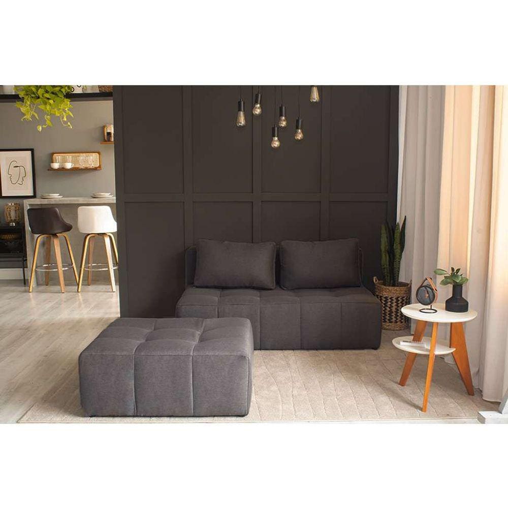 sofá modular 2 lugares com puff soho linho grafite