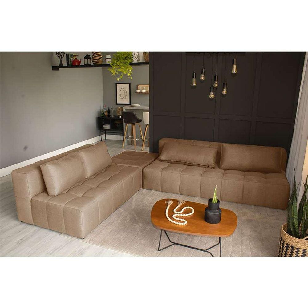 sofá modular 2 e 3 lugares com puff soho linho bege