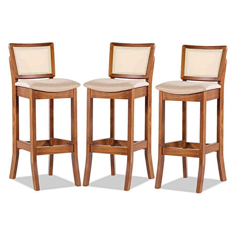 Kit 3 Banquetas Alta Portugal com Encosto Rattan Estofada Linho Bege M58