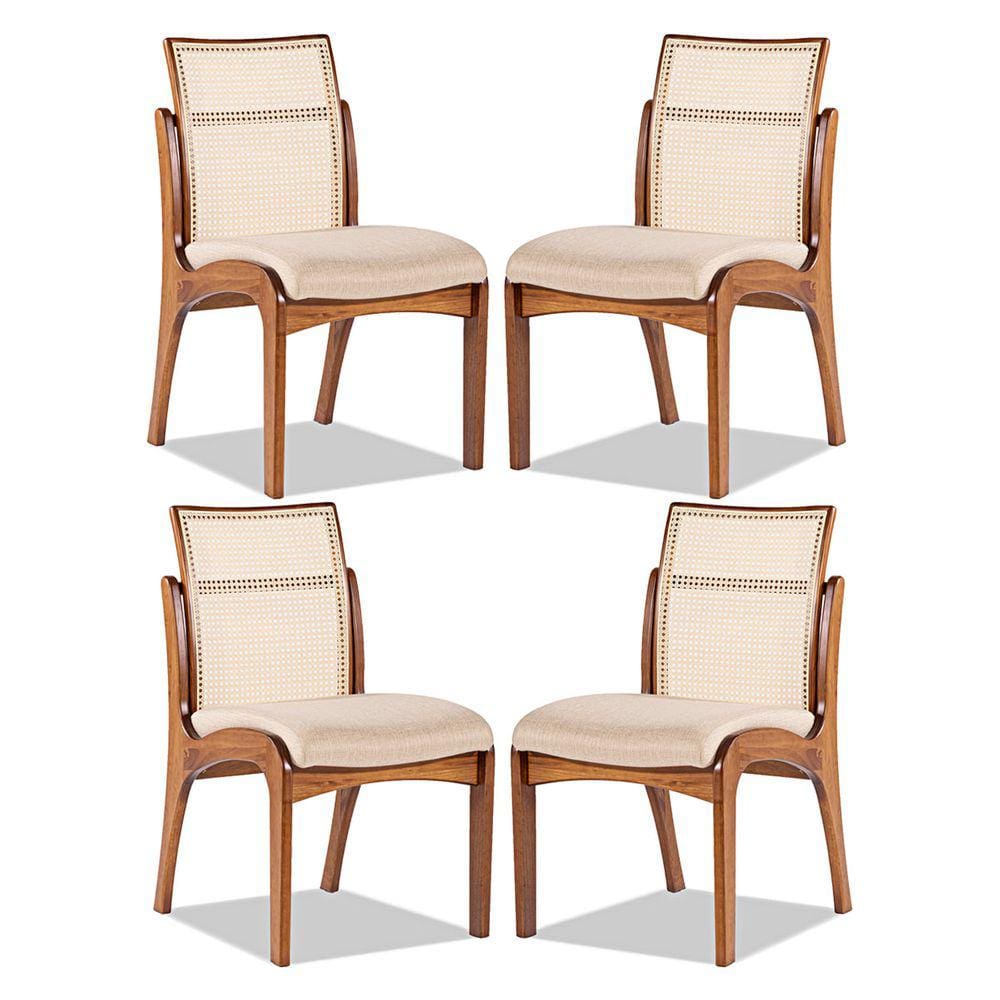 Kit 4 Cadeiras com Encosto Rattan para Mesa de Jantar Lisboa Madeira Maciça Linho Bege M58