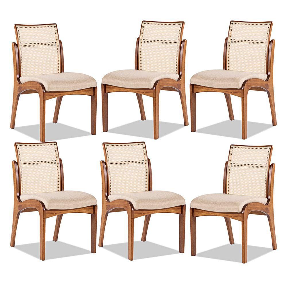 Kit 6 Cadeiras de Madeira com Encosto Rattan para Mesa de Jantar Linho Bege M58