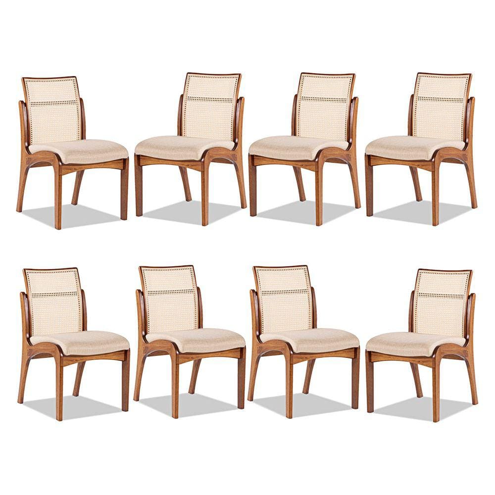 Kit 8 Cadeiras de Madeira com Encosto Rattan para Mesa de Jantar Linho Bege M58