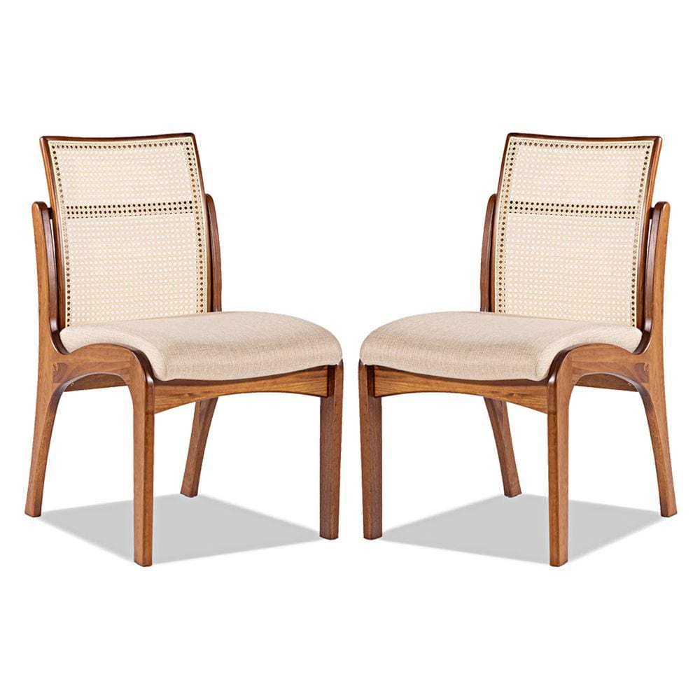 Kit 2 Cadeiras com Encosto Rattan de Madeira Lisboa Linho Bege M58