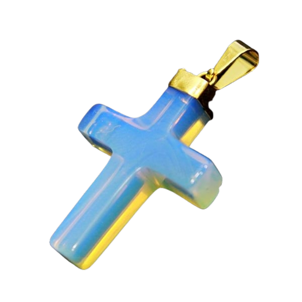 Colar Crucifixo Pedra da Lua ou Opalina Envolto Dourado