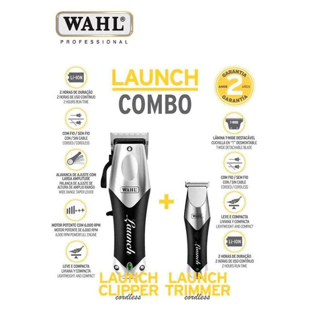 Combo Wahl Launch Maquina de Corte Clipper + Máquina de Acabamento Trimmer Bateria Lítio 2 Horas Bivolt