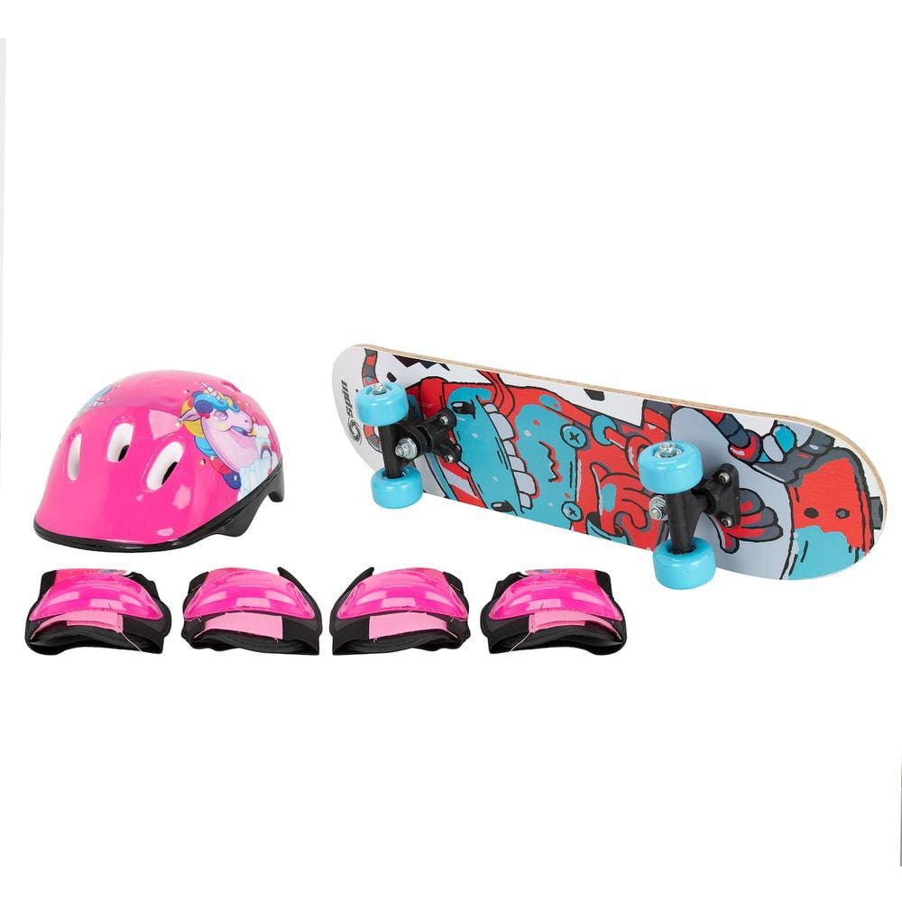 Skate Infantil Spin Unicórnio com Kit Protetor Capacete + 1 Par de Cotoveleira + 1 Par de Joelheira