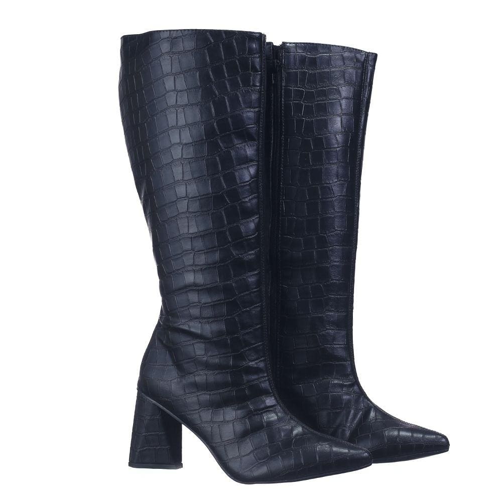 Bota Cano Alto Feminina Croco Salto Grosso e Bico Fino Fecho Zíper