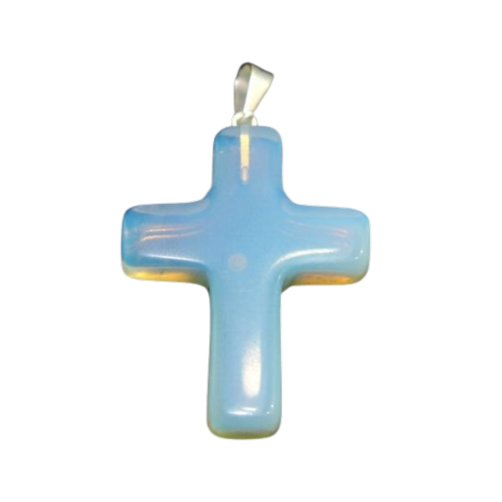 Colar Crucifixo Pedra da Lua ou Opalina Pino Prateado