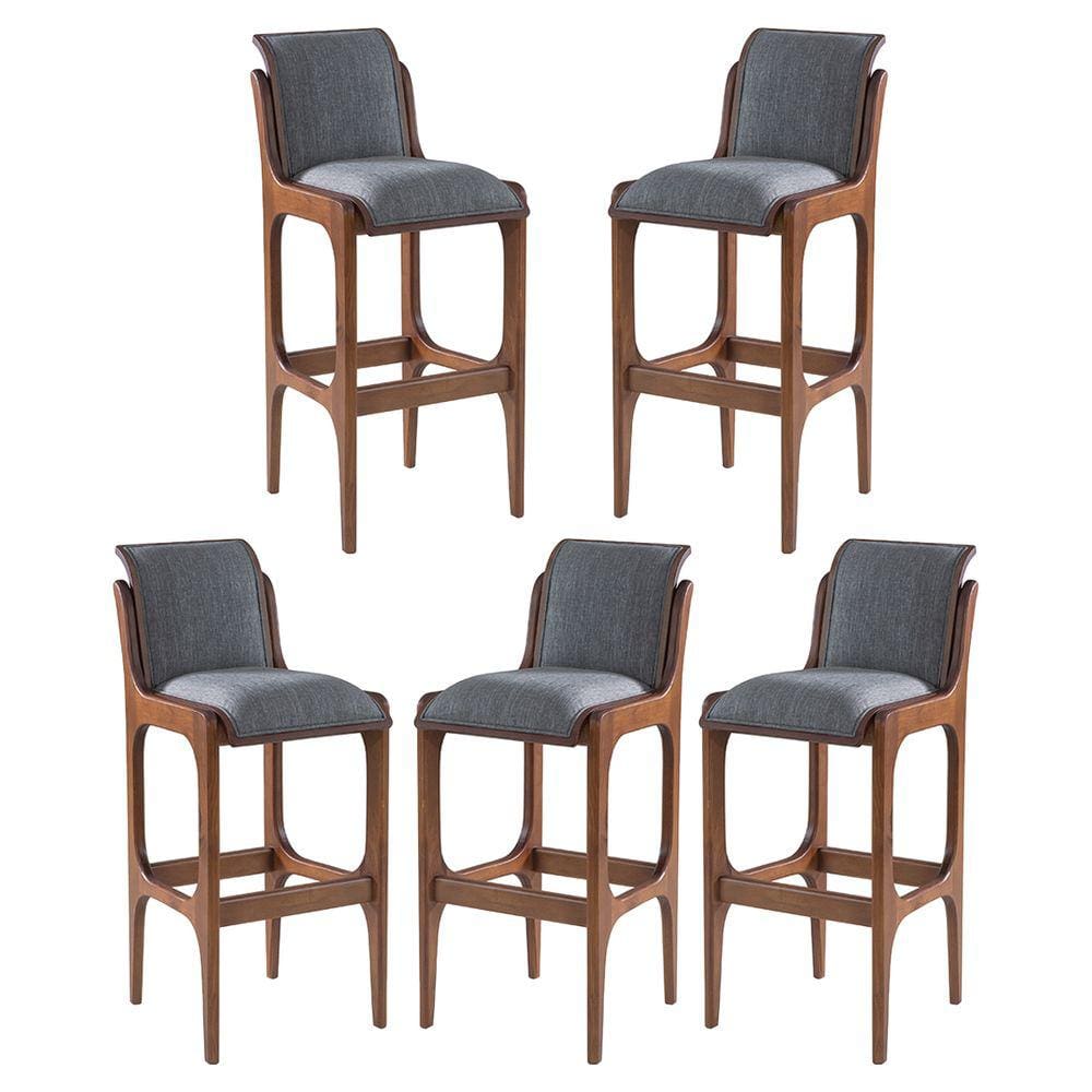 Kit 5 Banquetas Alta Estofada Barcelona 37x101Cm Madeira Maciça Linho Cinza L55
