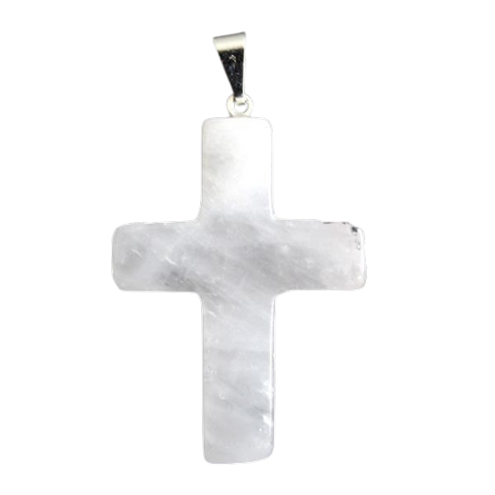 Colar Crucifixo Quartzo Leitoso Natural Pino Prateado