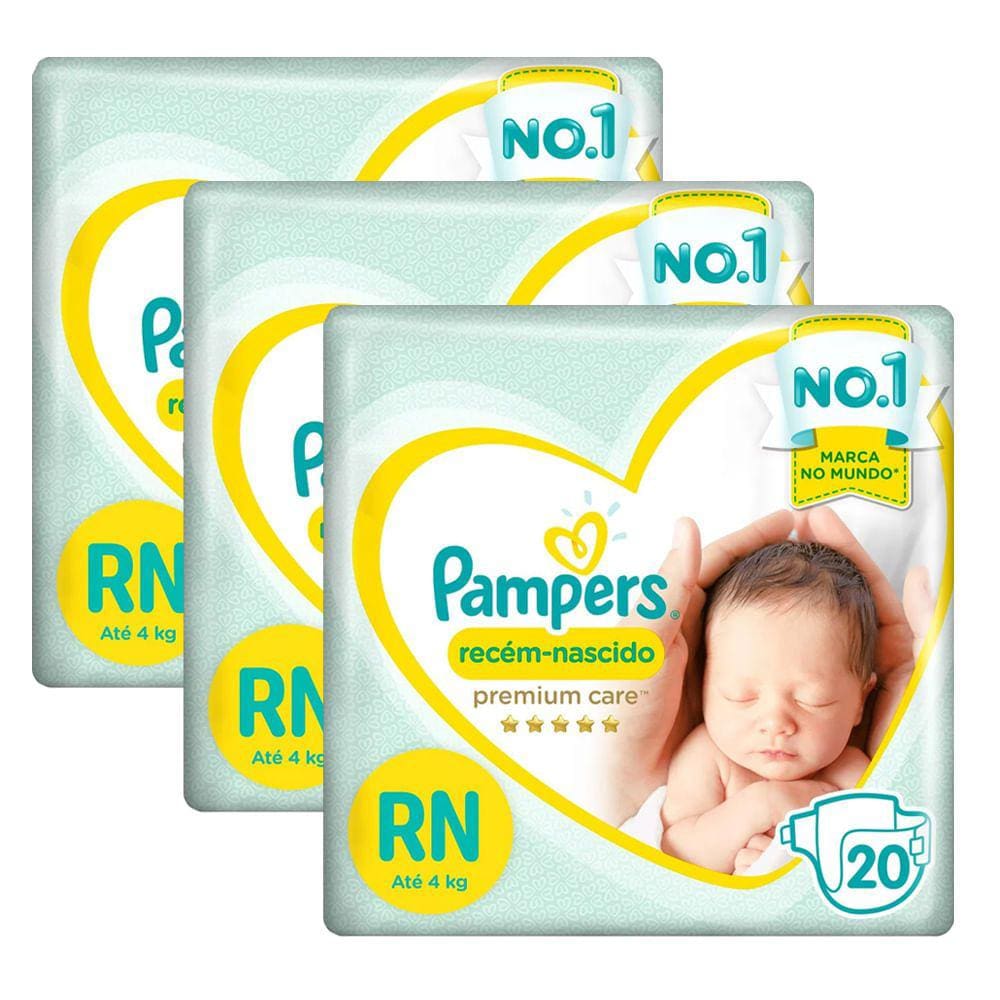 Kit 3 Fraldas Descartáveis Pampers Premium Care Recém-Nascido RN 20 Unidades