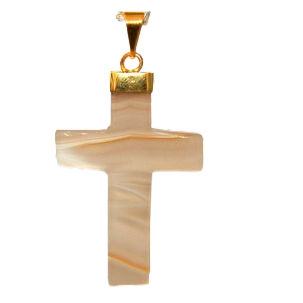 Colar Crucifixo Agata Clara Pedra Natural Envolto em Dourado