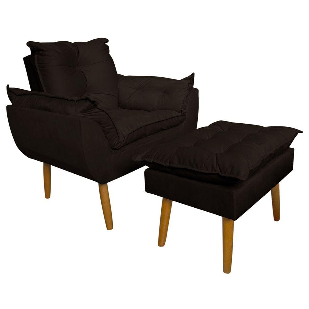 Conjunto Decorativo Poltrona com Puff Opala Suede Marrom - Montanaris Decor