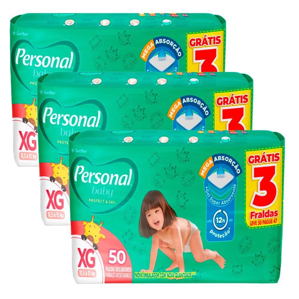 Kit 3 Fraldas Personal Soft e Protect Hiper XG 50 Unidades
