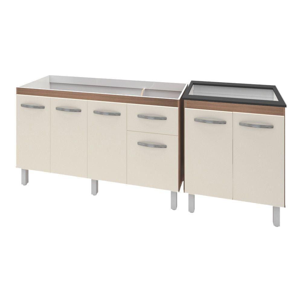 Armário Cozinha Gabinete Pia De 140 Cm Camile Com Balcão Cooktop 5 Bocas Savana Frente OffWhite Jade