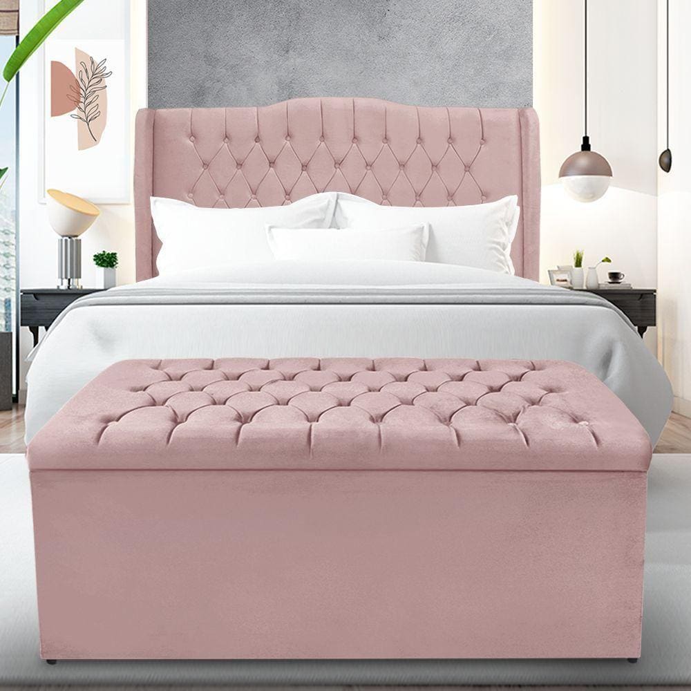 Kit Cabeceira E Calçadeira Baú Dubai Casal 140 Cm - Veludo Rose