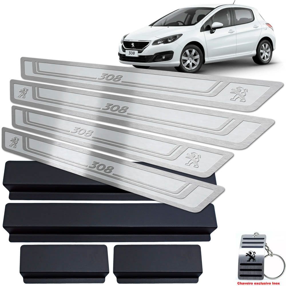 Soleira Em Aço Inox Peugeot 308 2011/2019 Prata Alto Relevo