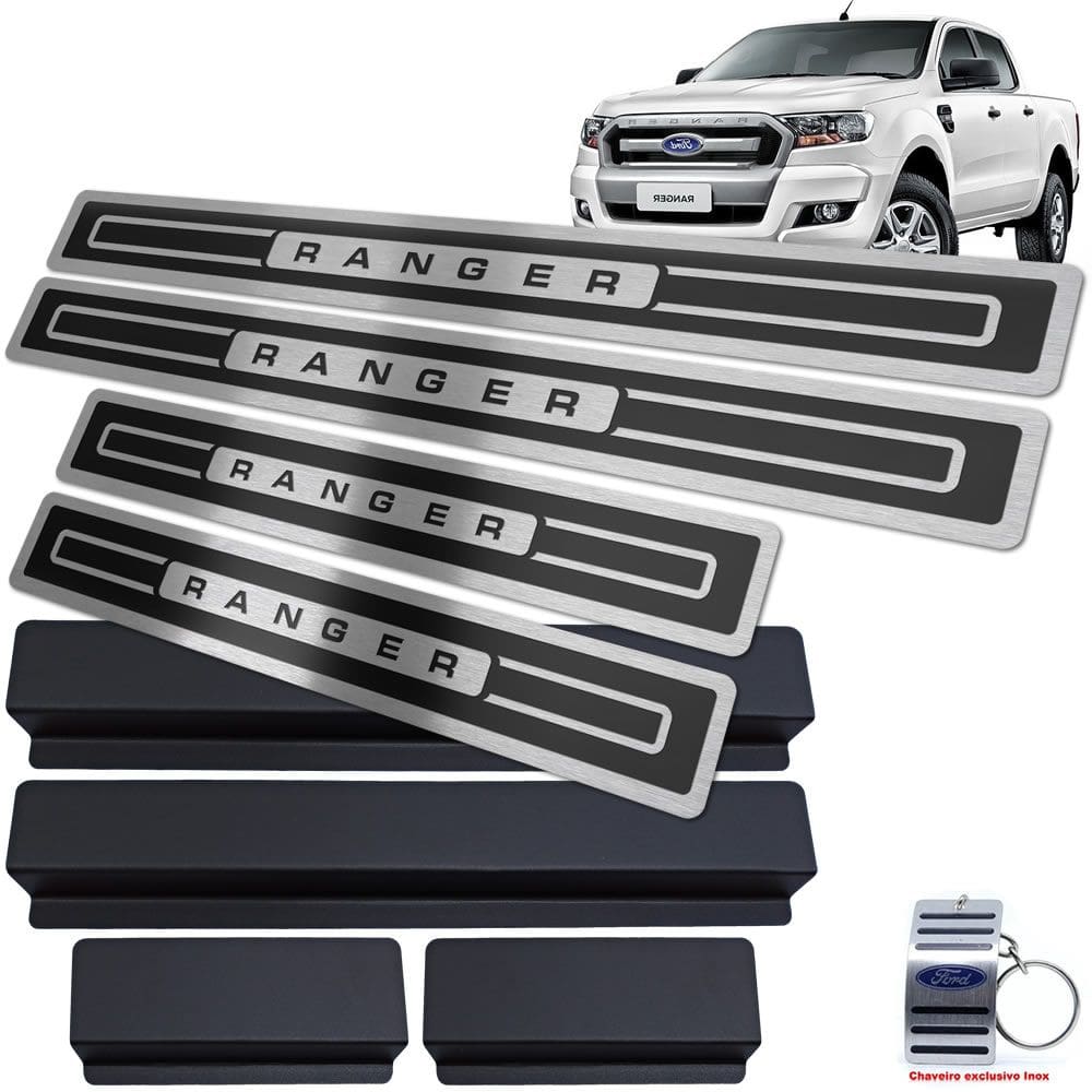 Soleira Aço Inox Ford Ranger 2017 A 2020 Preto Alto Relevo