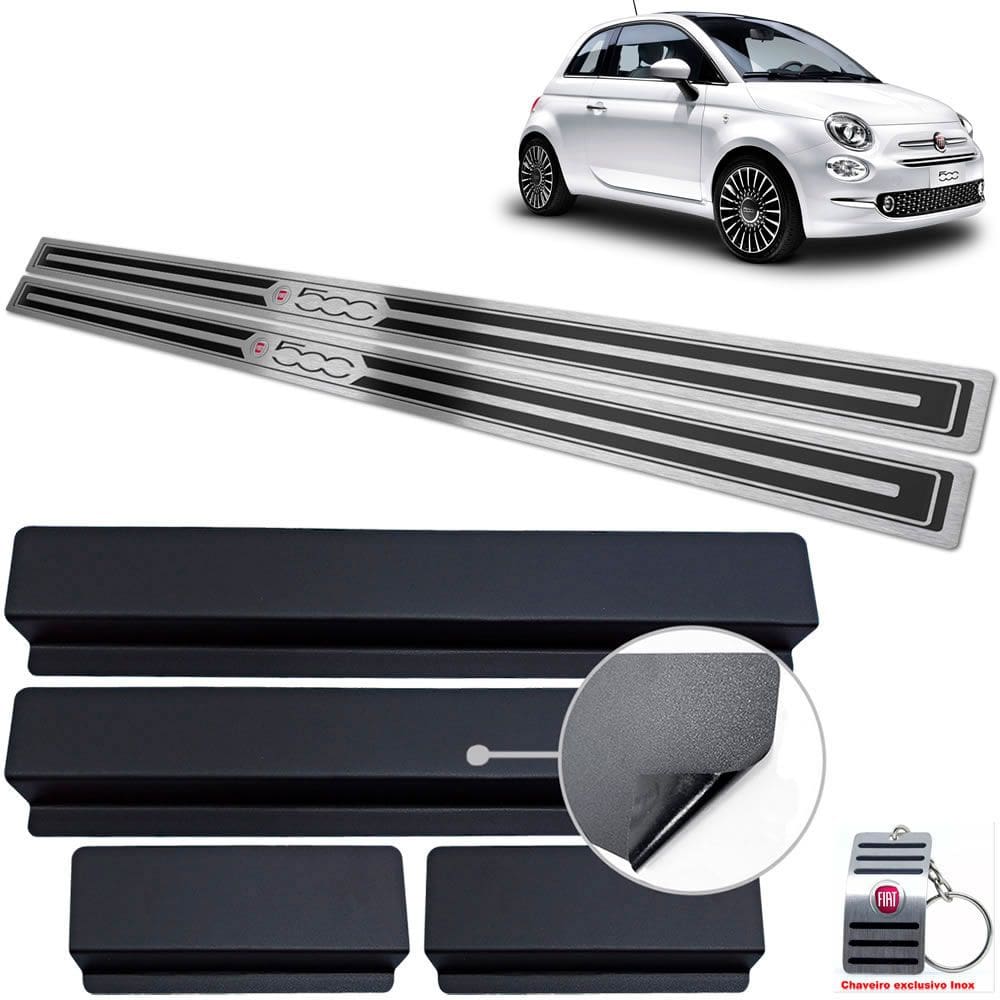 Soleiras Em Aço Inox Fiat 500 Preto Alto Relevo