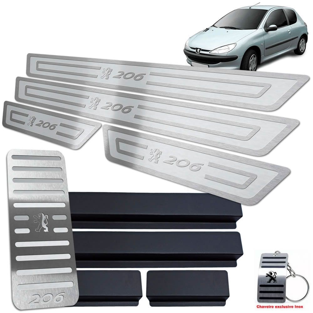 Soleiras + Descanso Peugeot 206 1998/2010 Prata Alto Relevo