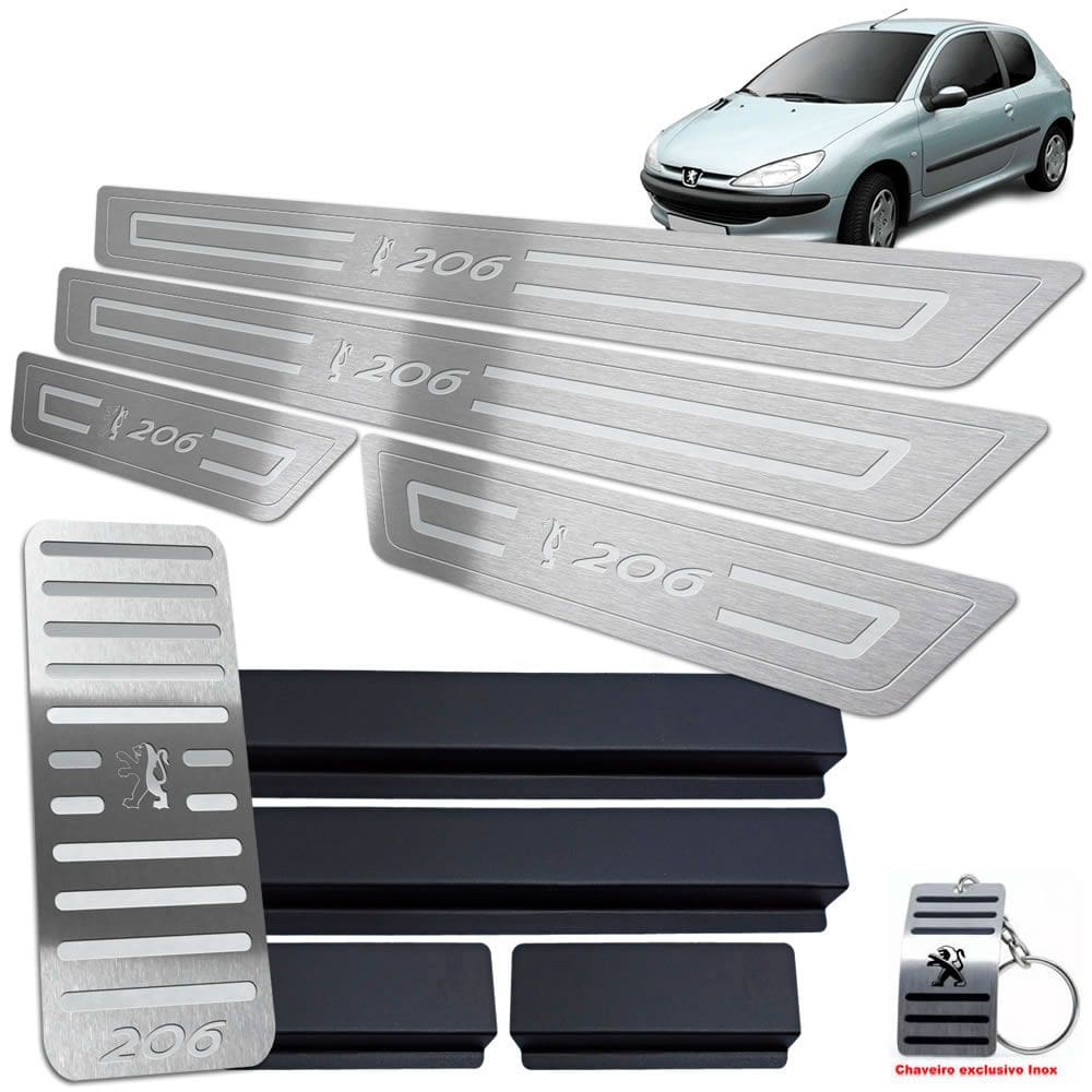 Soleiras + Descanso Peugeot 206 1998/2010 Prata Baixo Relevo