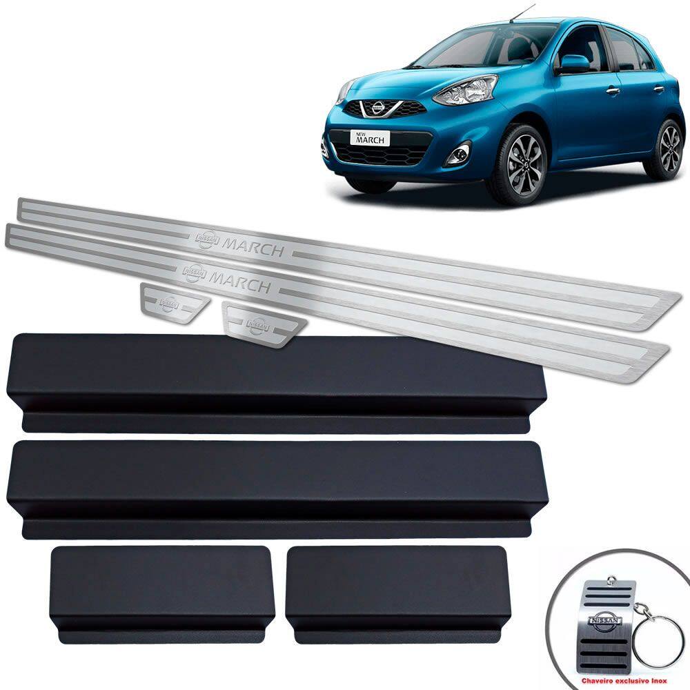 Soleiras Aço Inox Nissan March 2012/2020 Prata Alto Relevo