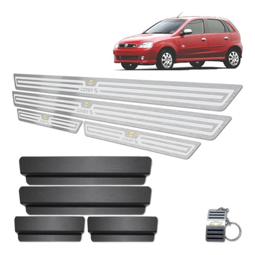 Soleiras Em Aço Inox Corsa SS 2005 A 2009 Prata Alto Relevo