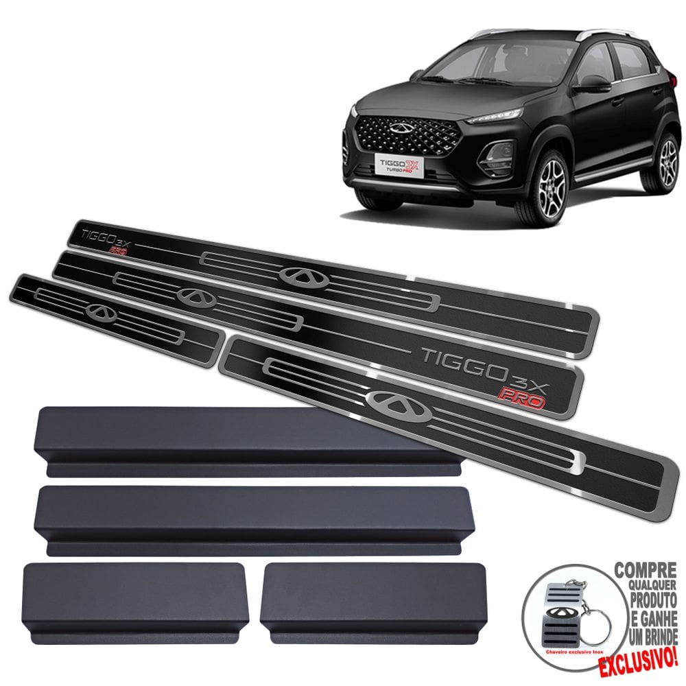 Soleira Em Aço Inox Chery Tiggo 3X Preto Alto Relevo