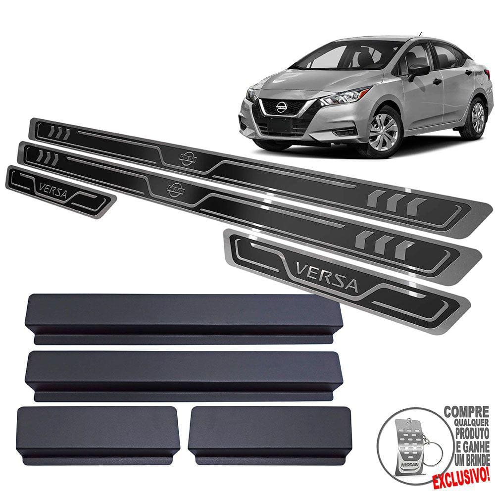 Soleira Aço Inox Nissan Versa 2021 Preto Alto Relevo