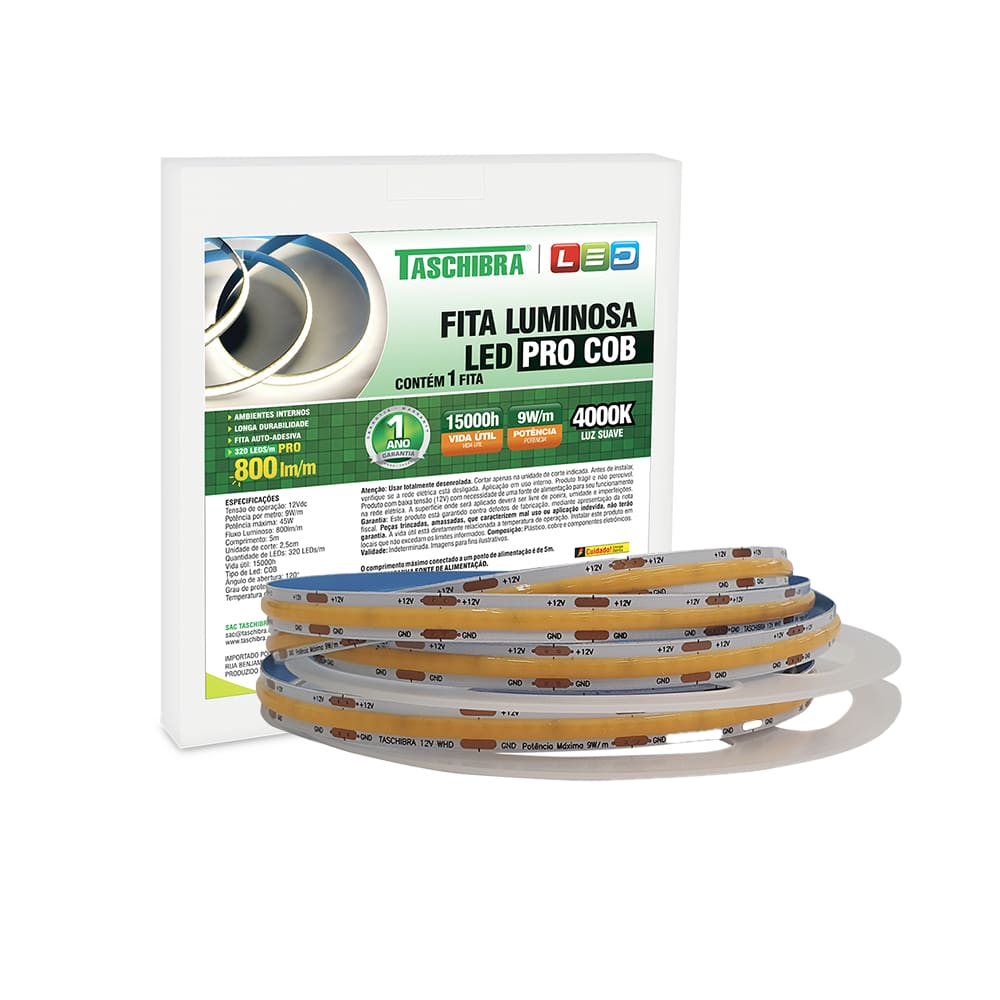 Fita de Led Slim Taschibra 9W/M 320 Leds Cob IP20 12V Com 5 Metros 4000K Luz Neutra