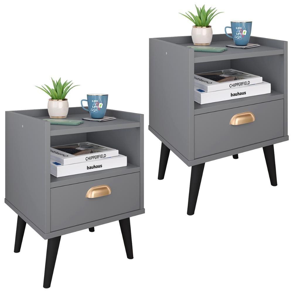 Kit 2 Mesas de Cabeceira Nicho Jogo de Mesinhas Quarto 1 Gaveta Puxador Concha Lauren Estilo Retrô - Cinza - Lojas RPM