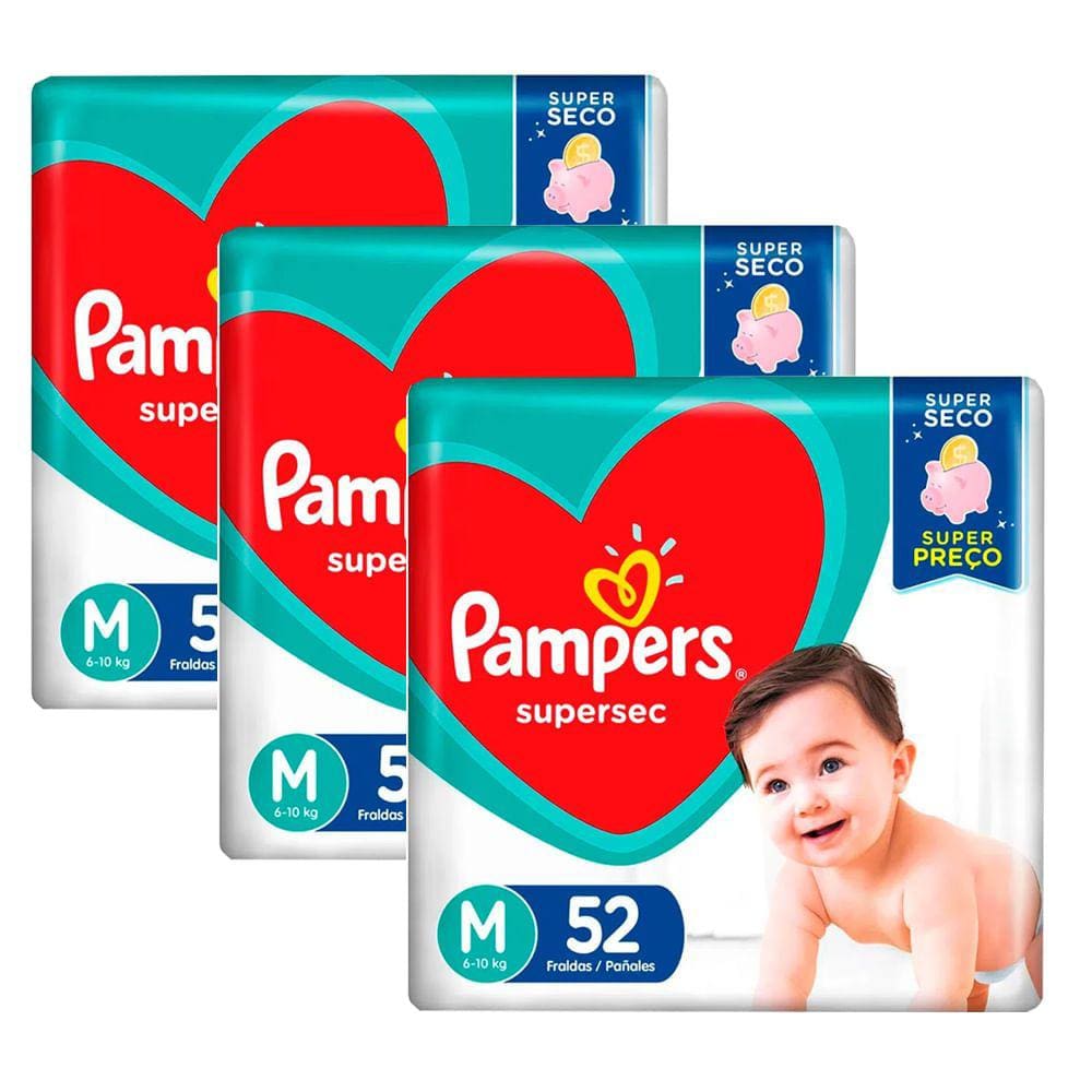 kit 3 Fraldas Pampers Supersec Hiper M - 52 Tiras