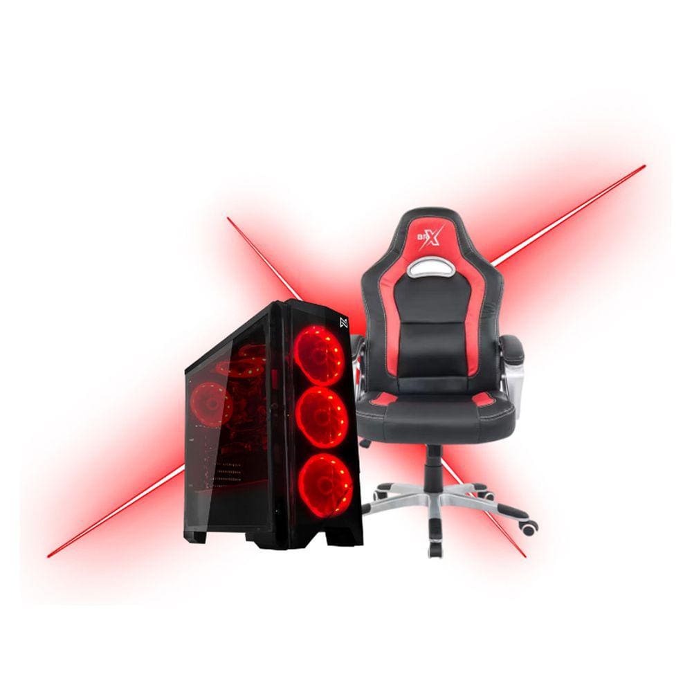 KIT Cadeira Gamer BRX Modelo 719 Cor Vermelho com Preto + Gabinete Gamer B13