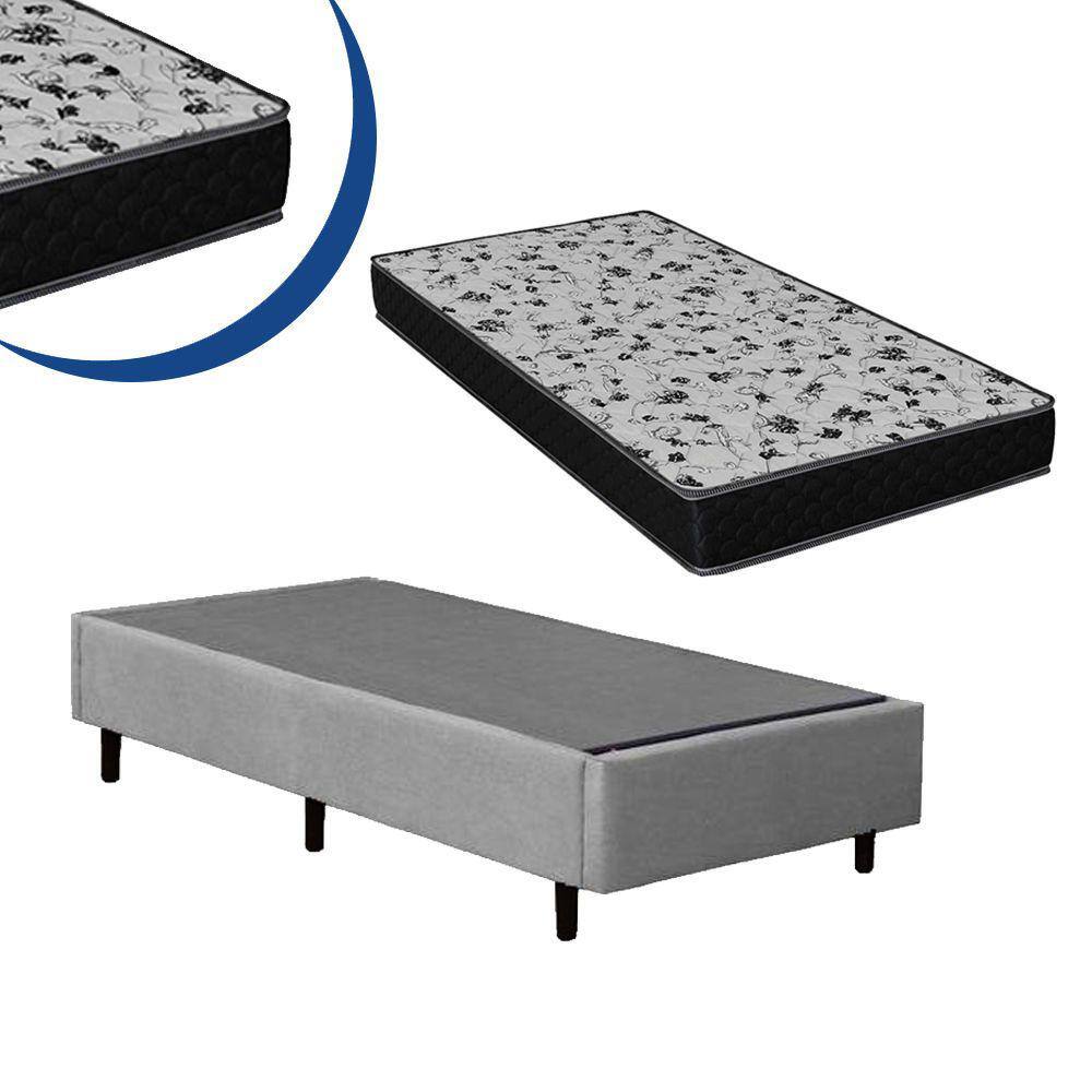 Cama Box Solteiro Colchão Espuma D33 Bordado + Box Cinza Suede 44x88x188
