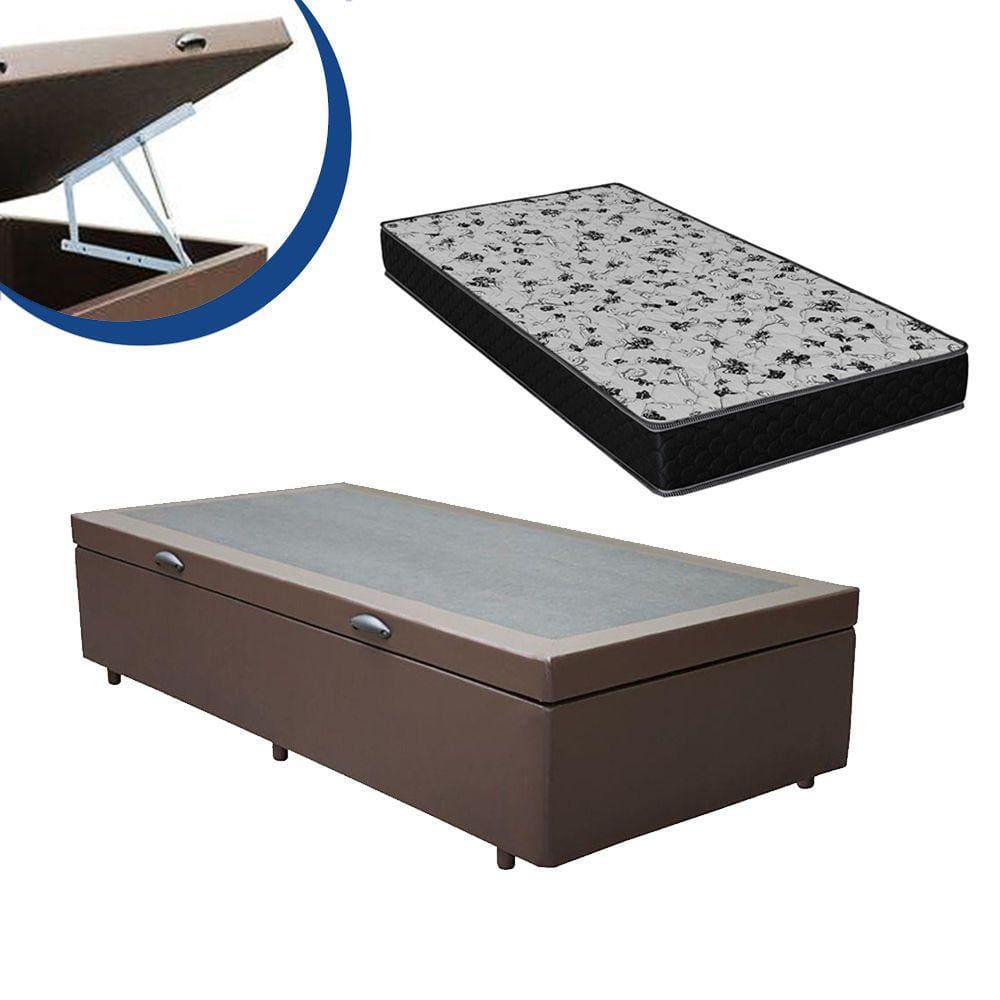 Cama Box Baú Solteiro Colchão Espuma D33 + Box Marrom Sintético 53x88x188