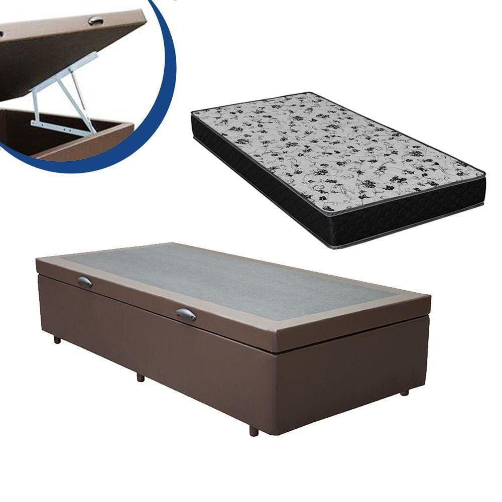 Cama Box Baú Solteiro Colchão Espuma D33 + Box Marrom Sintético 53x78x188