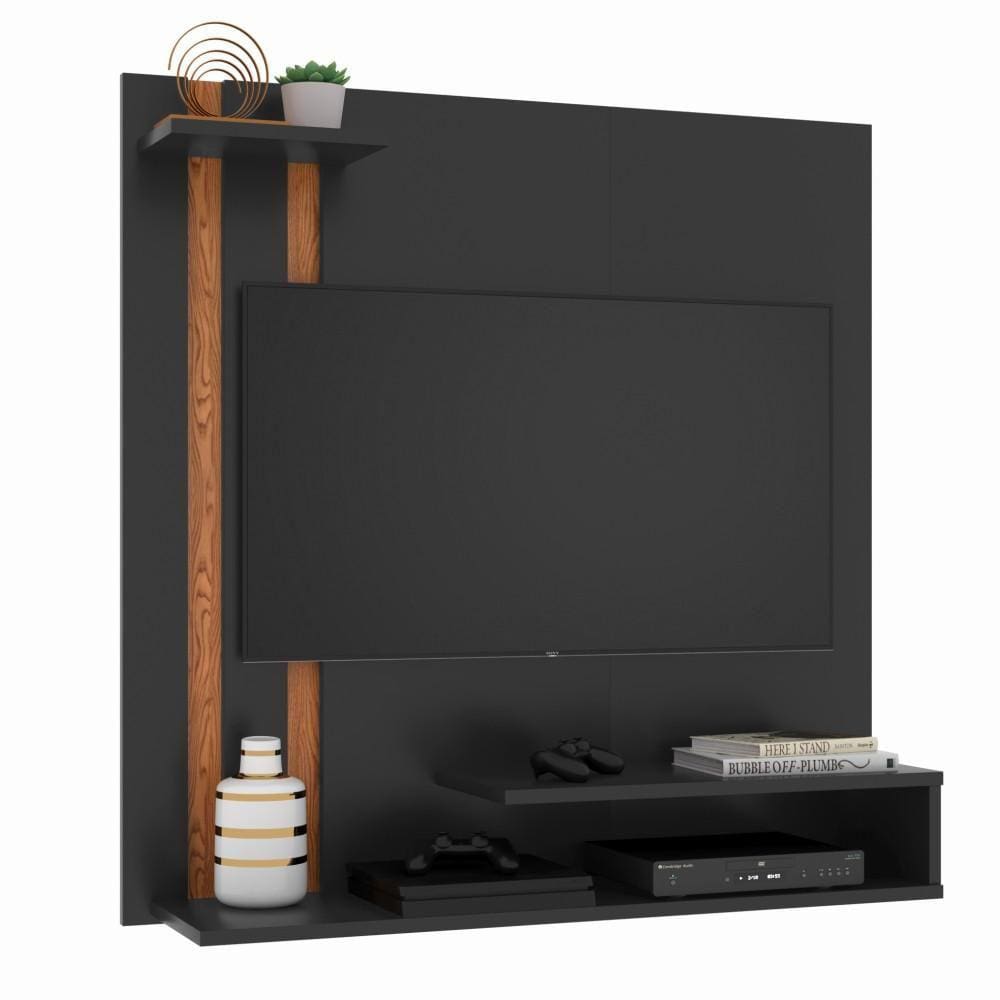 Painel Suspenso Para Tv Smart até 32 Polegadas Com Prateleira Organizadora Quarto Sala Pequena - Preto/ Nature - Mania Móveis