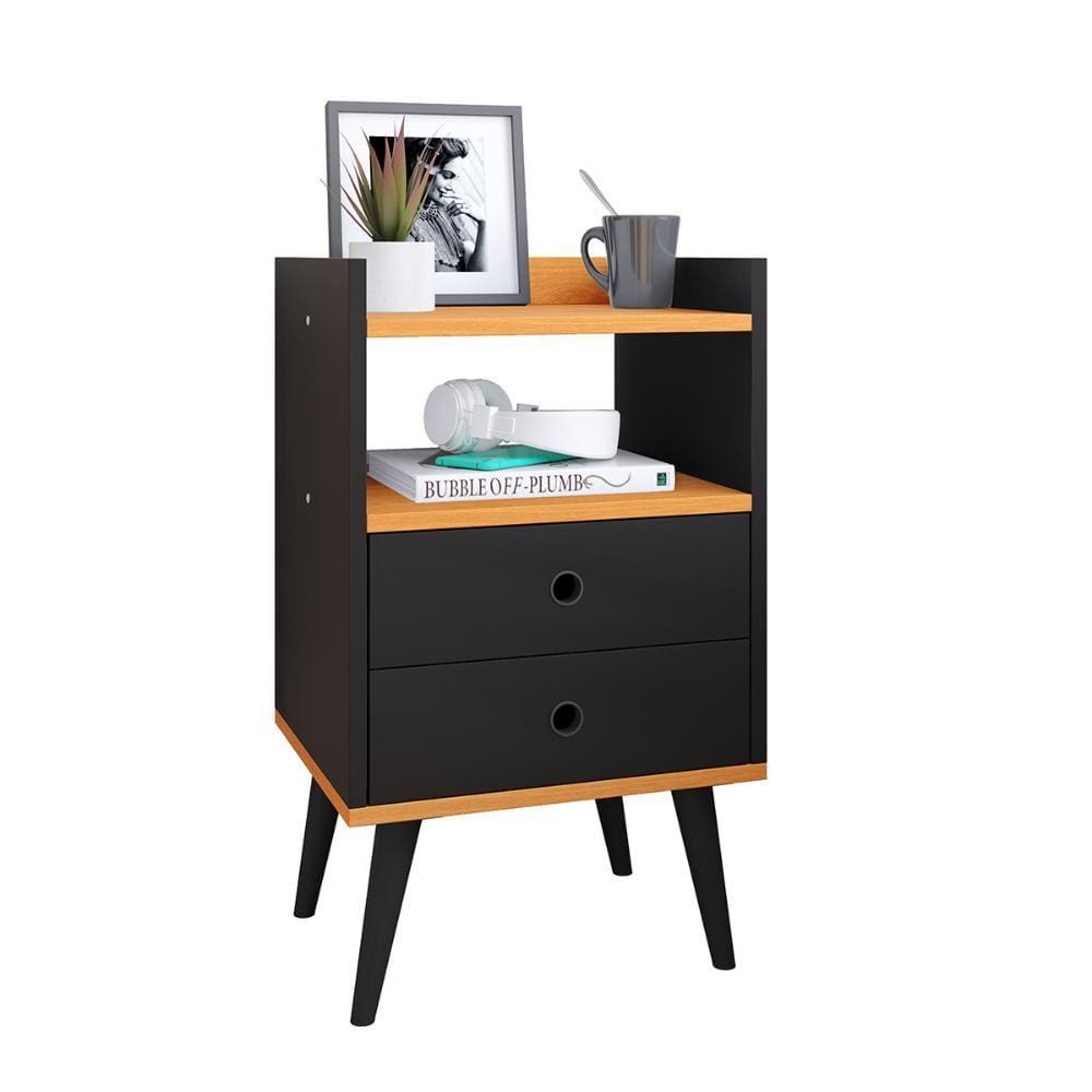 Mesinha de Cabeceira Canto Quarto Mesa Auxiliar 2 Gavetas Nicho Apoio Lateral Cama Dream - Preto/Cinamomo - RPM