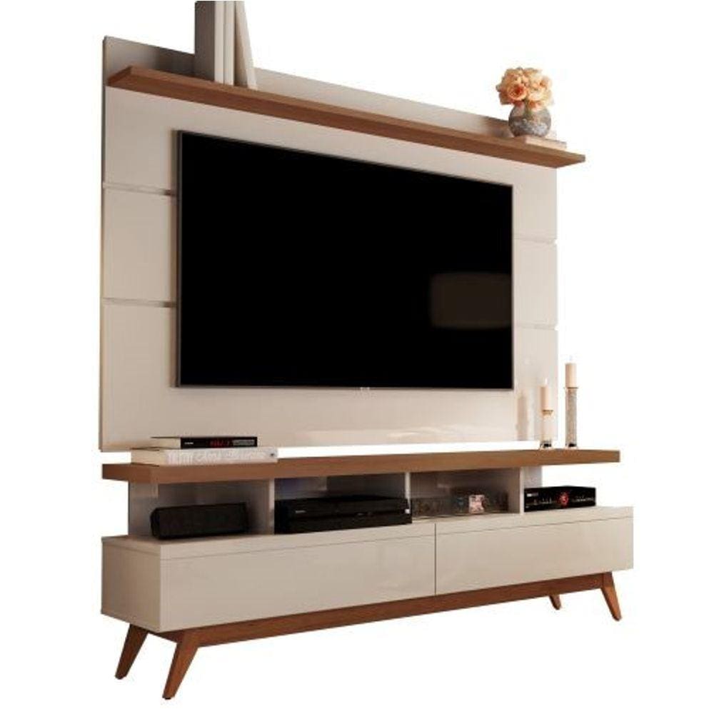 Rack Com Painel 1.60 TV Até 65 Retrô Pés De Madeira Gavetas Nichos Prateleira Vivare Wood