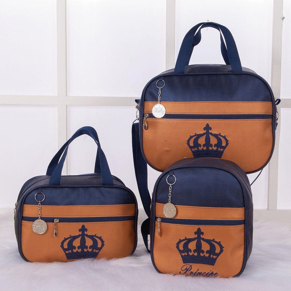 Kit De Bolsas Saída Maternidade Imperial Azul Marinho Com Caqui 3 Peças