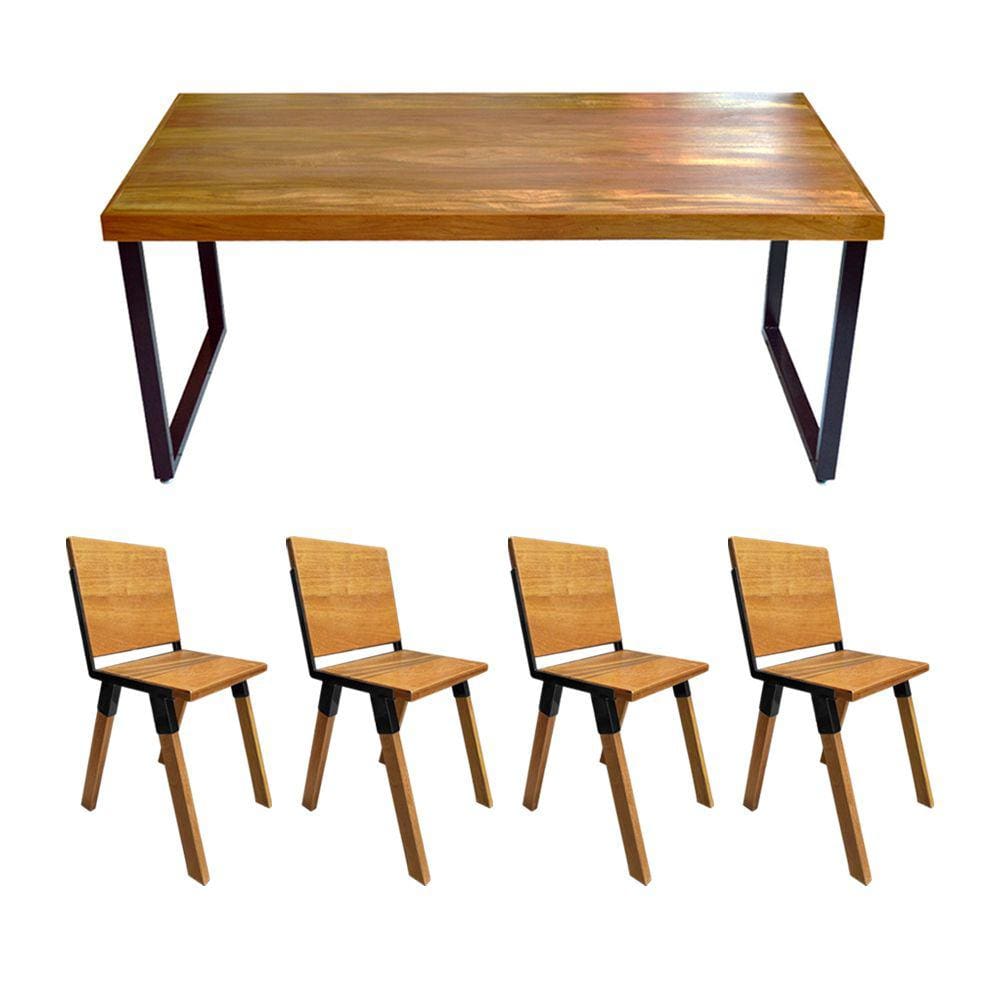 Conjunto Mesa Industrial Bernardo Madeira Maciça 1,20mx80cm C/ Ferragem Preta e 4 Cadeiras Detroit